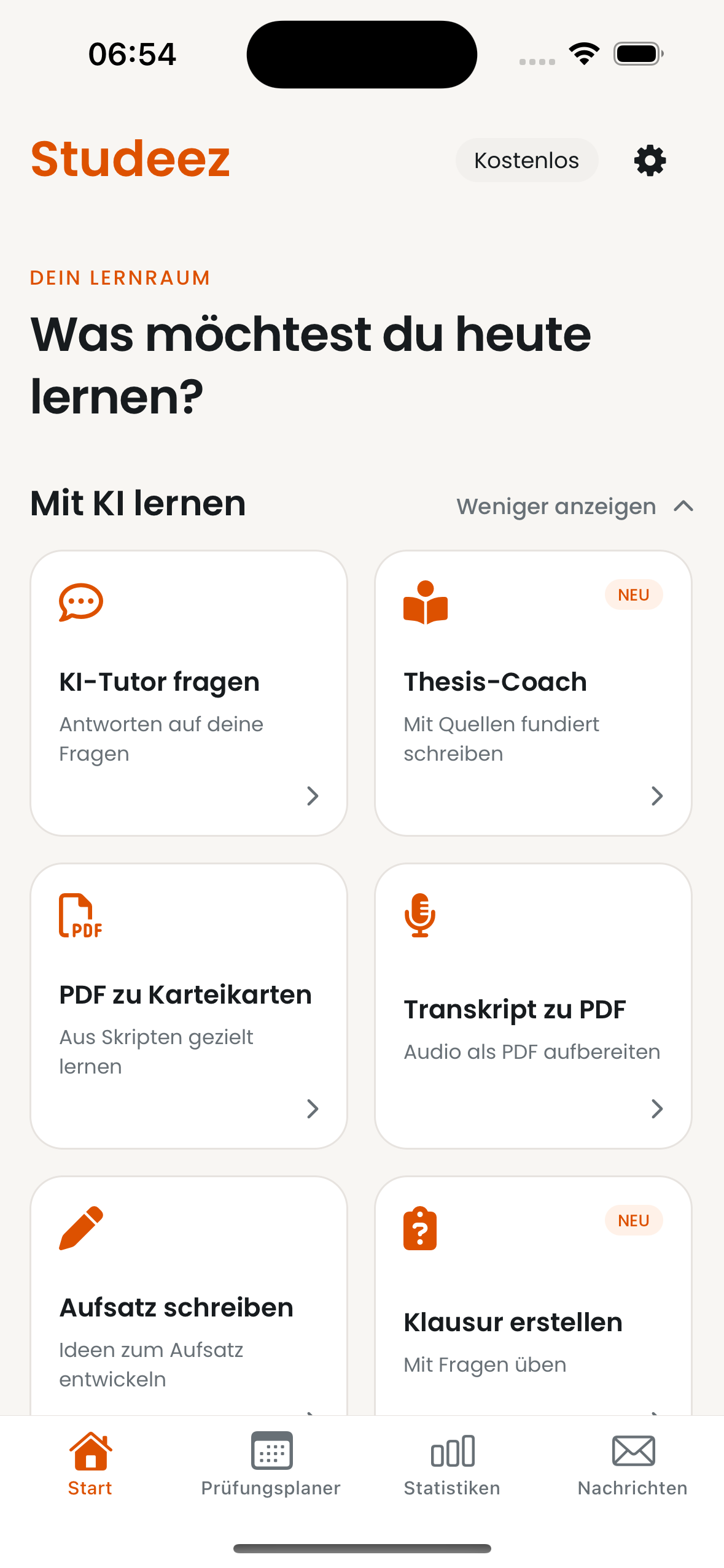Echte mobile Startansicht der Studeez Lern-App